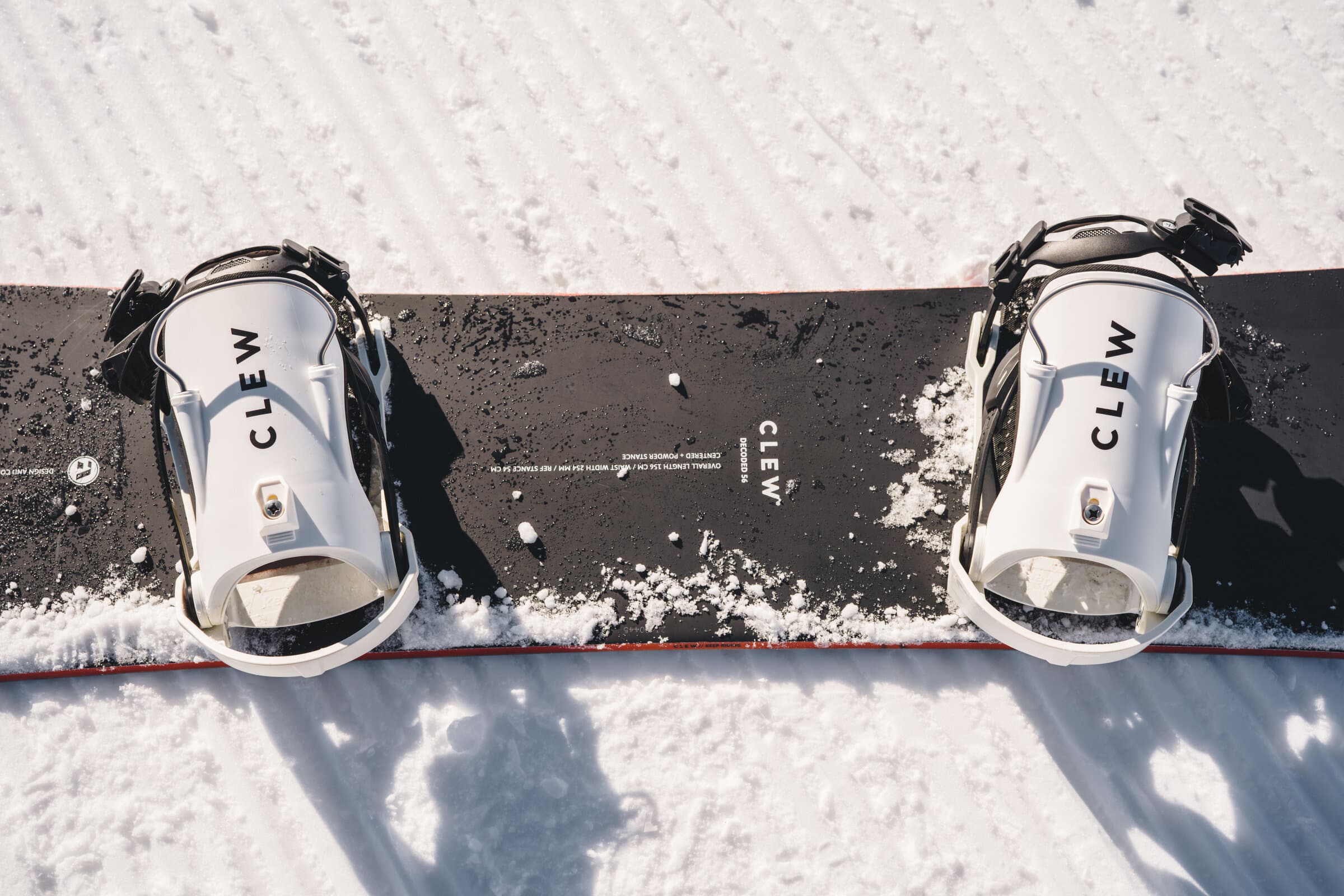 Clew bindings mounted on snowboard